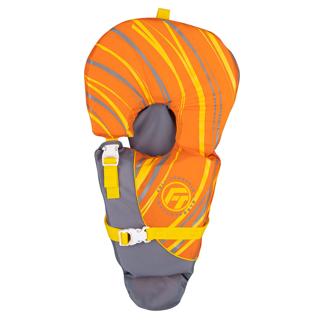 USCG approved Infant Baby-Safe life jacket in orange/gray with yellow buckles & stripes.