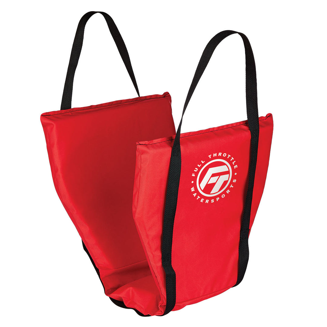 Cove Cushion: Red water sports flotation with black straps and logo.