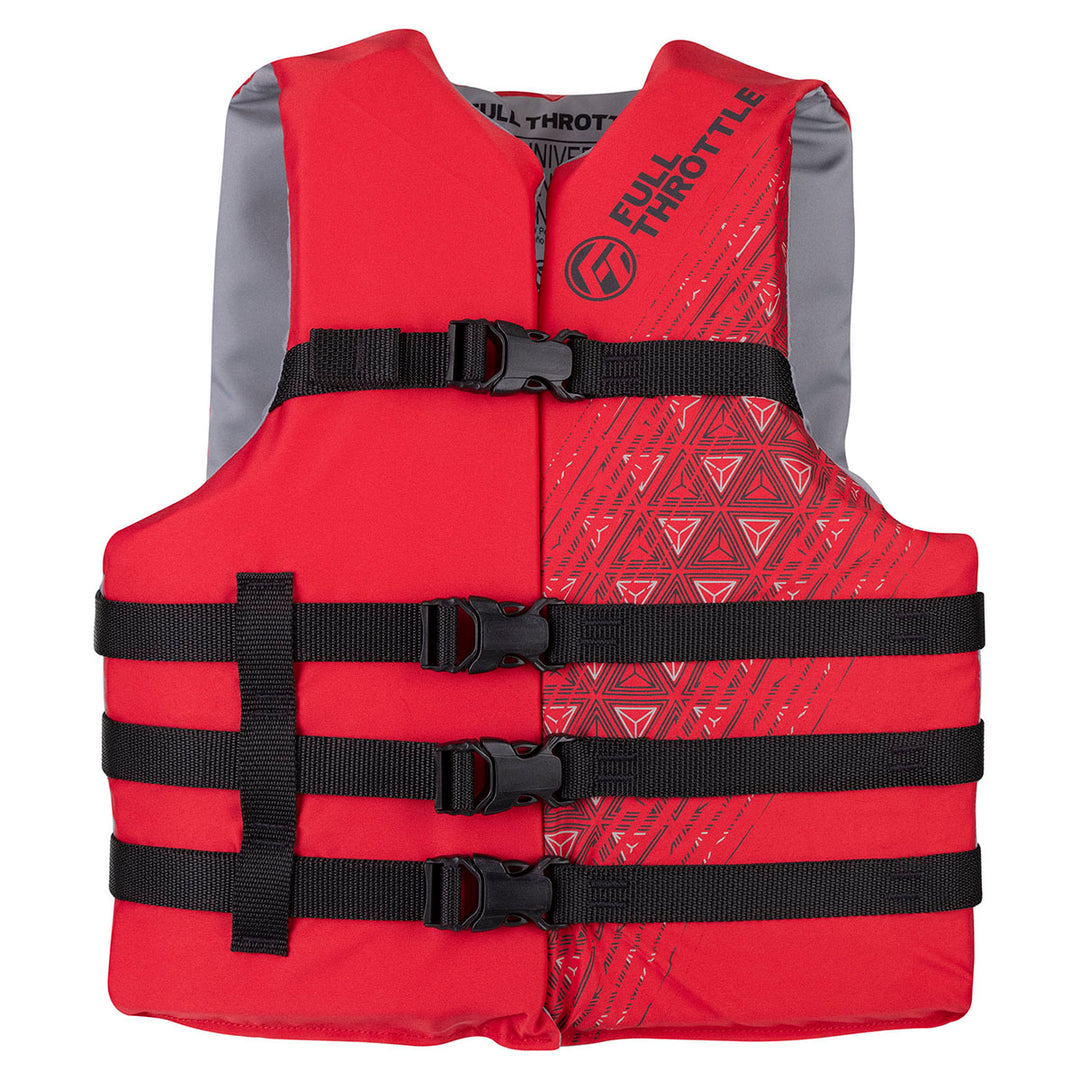 Adult Universal Life Jacket: Red with adjustable black straps and right-side geometric pattern.