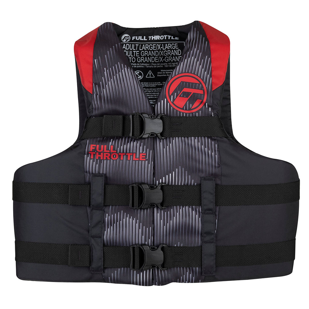 A black/red Full Throttle Adult Nylon Life Jacket with 3 buckles and adjustable belts.