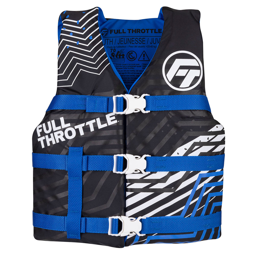 Blue and black Youth Nylon Life Jacket with Full Throttle text, adjustable belts.