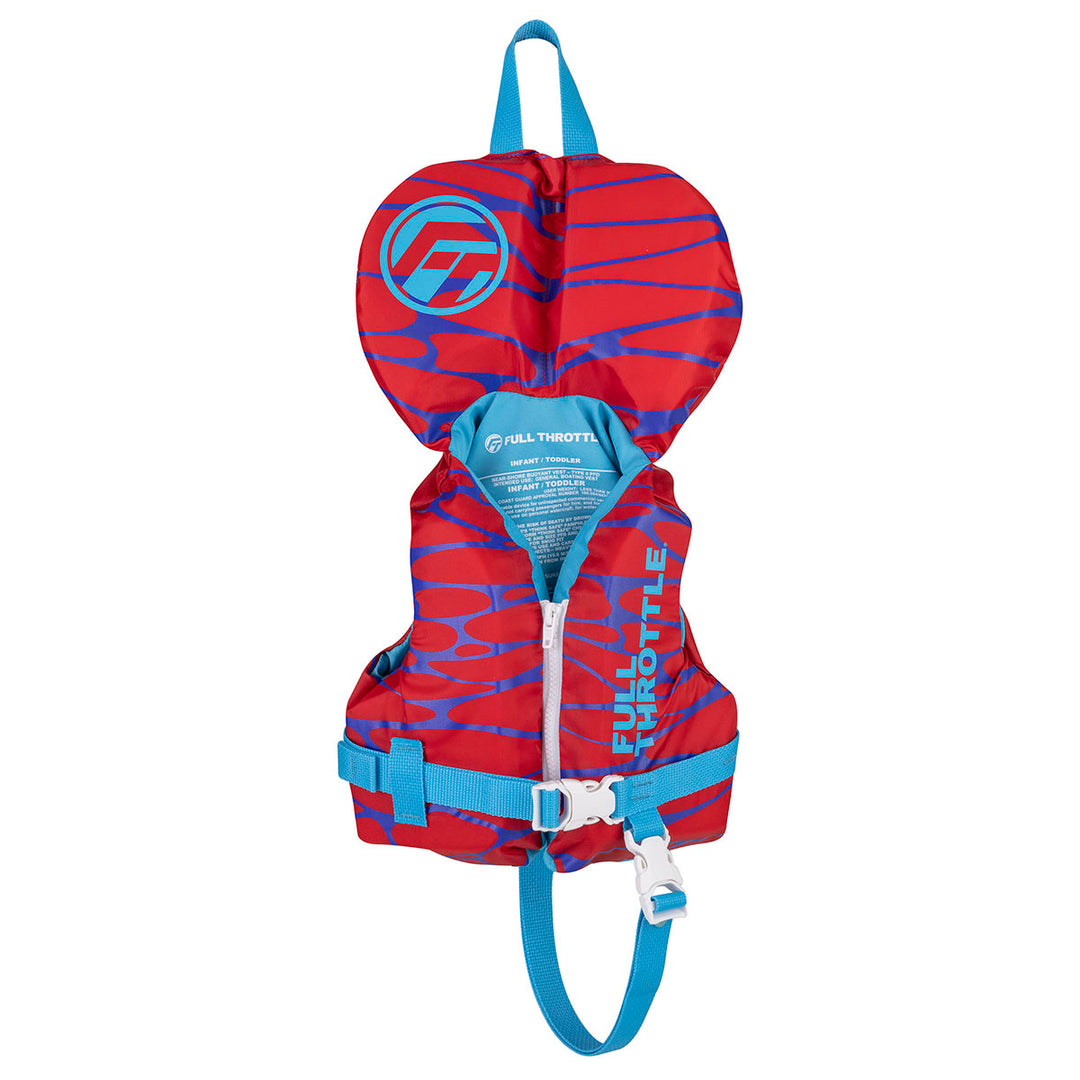 U.S. Coast Guard approved Infant Nylon Life Jacket in red/blue with blue straps and front zipper.