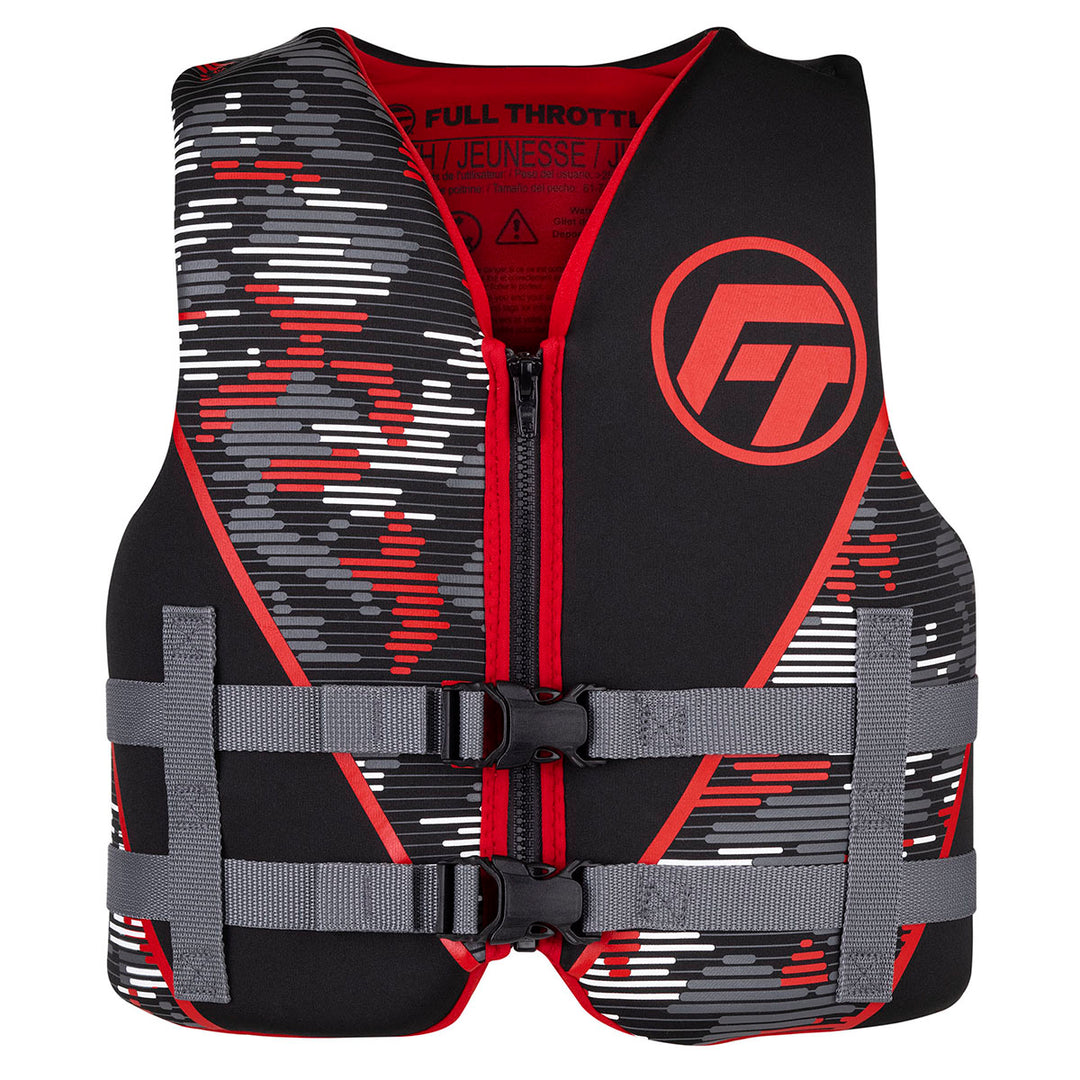 Black/red Youth Rapid-Dry Life Jacket, abstract design, 2 grey straps, ideal for watersports.