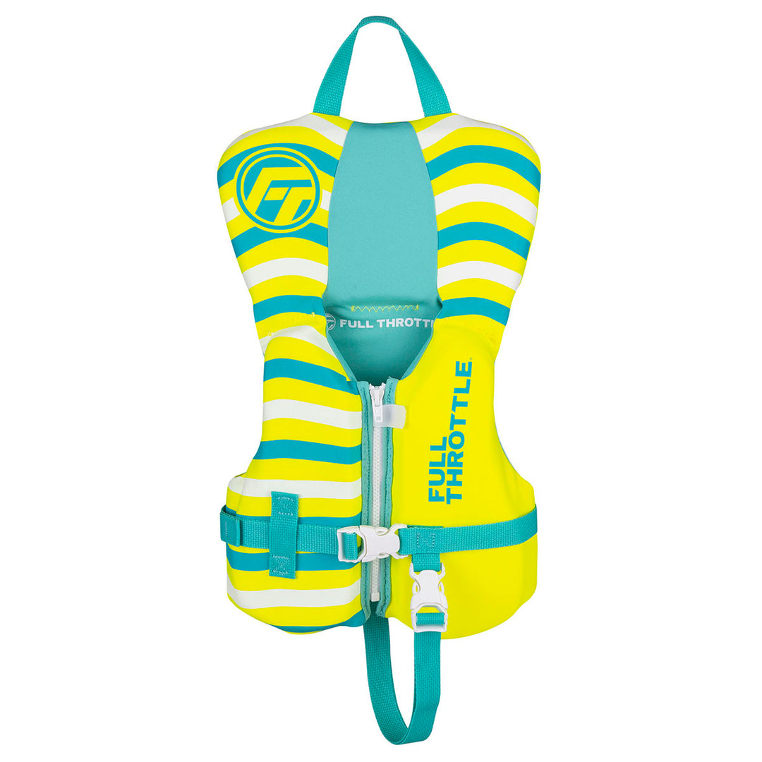 Infant Rapid-Dry Life Jacket, yellow/turquoise with Full Throttle text, zipper & waist belt.