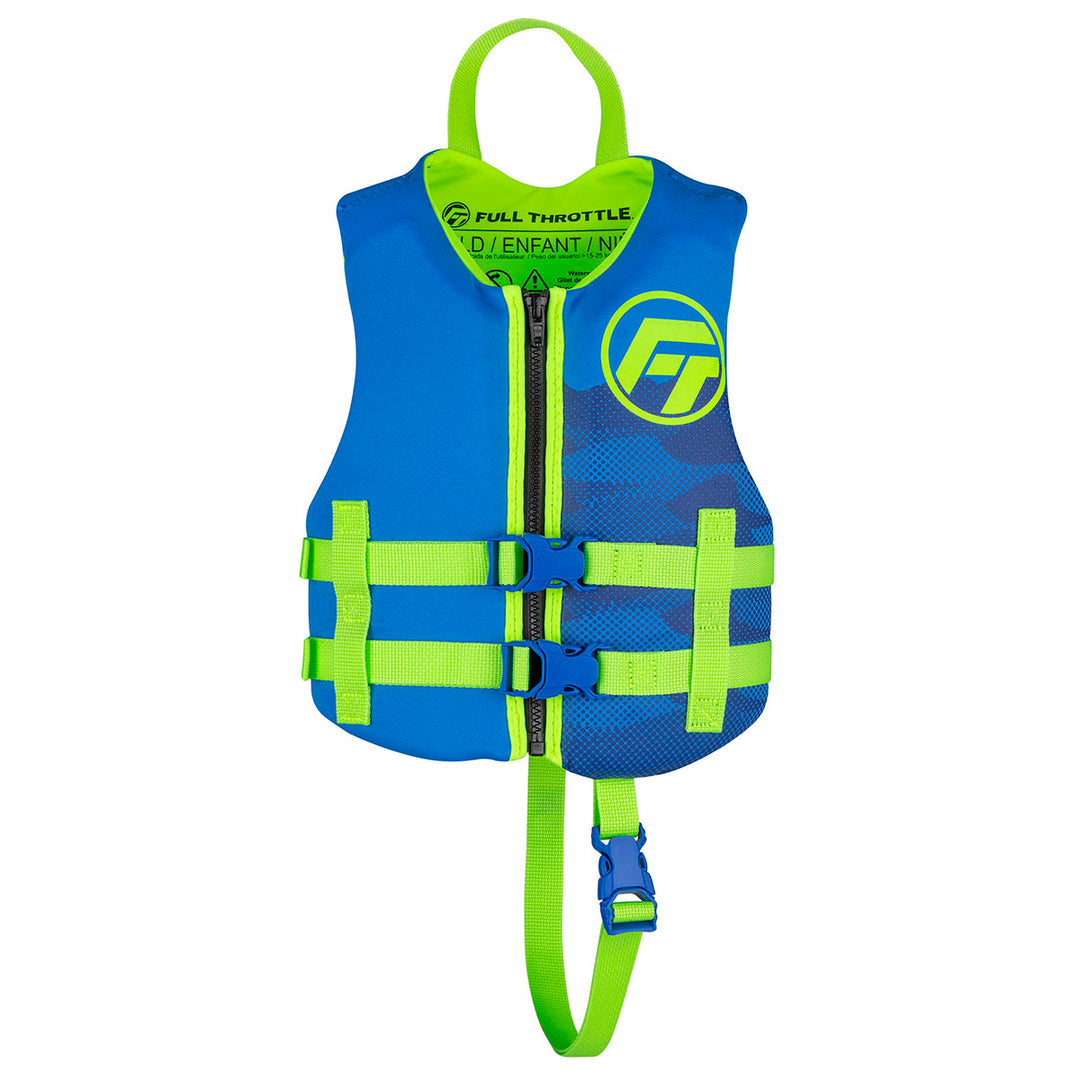 Child Rapid-Dry Life Jacket in blue/neon green with zipper, USCG approved for children.