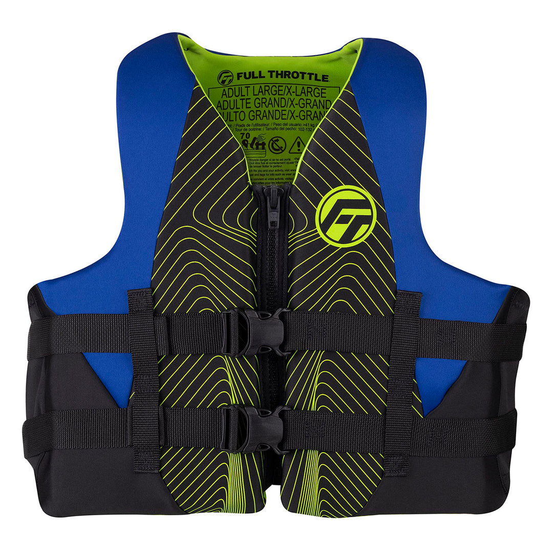 Adult Rapid-Dry Life Jacket: Blue/black, green pattern, adjustable straps.