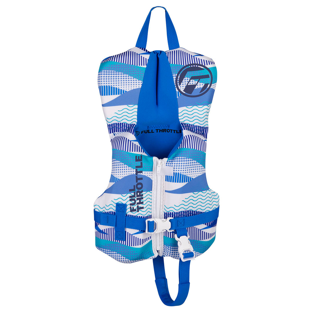Infant Rapid-Dry Flex-Back Life Jacket, blue/white, front zipper/buckle, USCG approved.