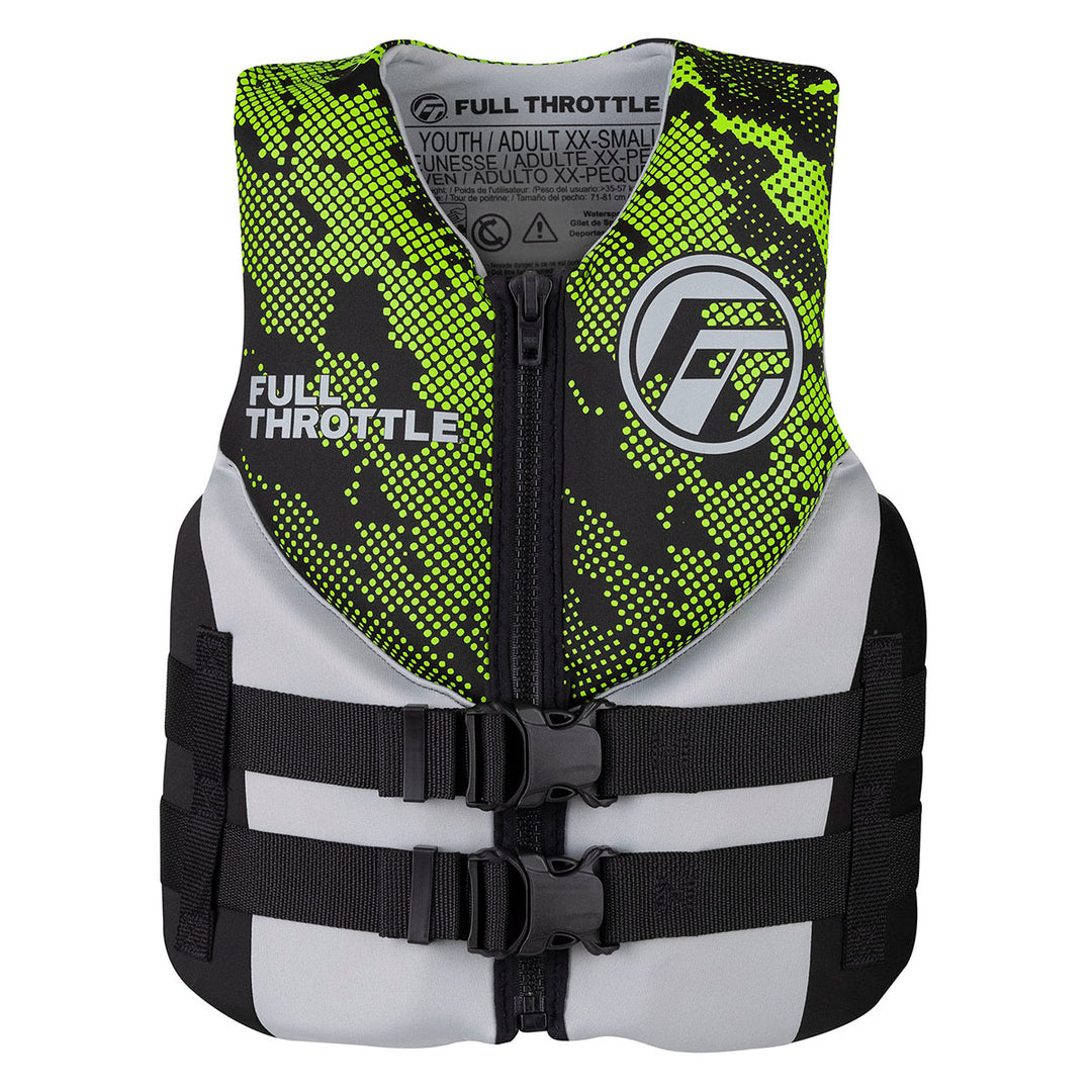 Junior Hinged life jacket, black/green pixel pattern, Full Throttle logo, Rapid-Dry fabric.