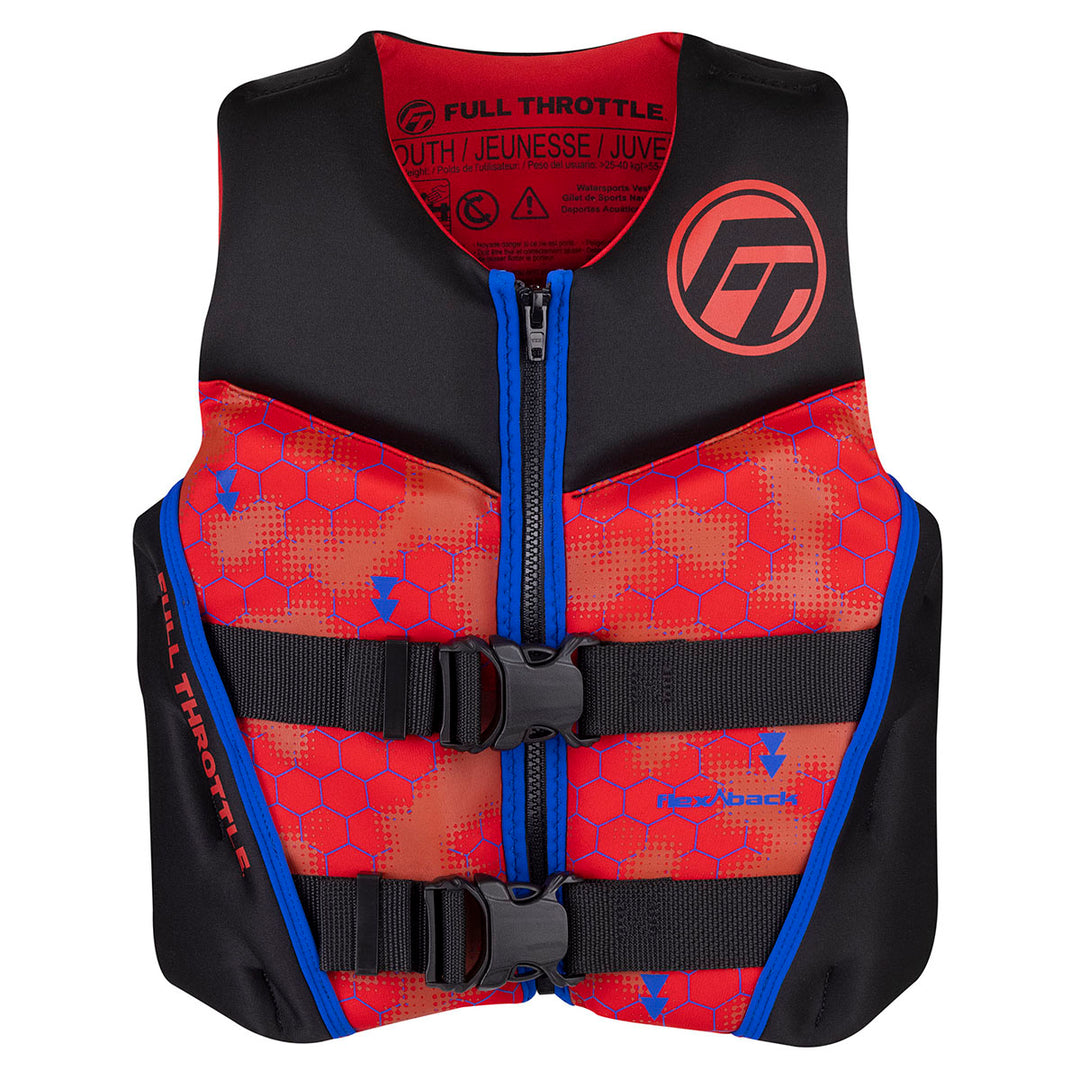 Youth Rapid-Dry Flex-Back Life Jacket in red/black with blue trim, logo, and hexagonal pattern.