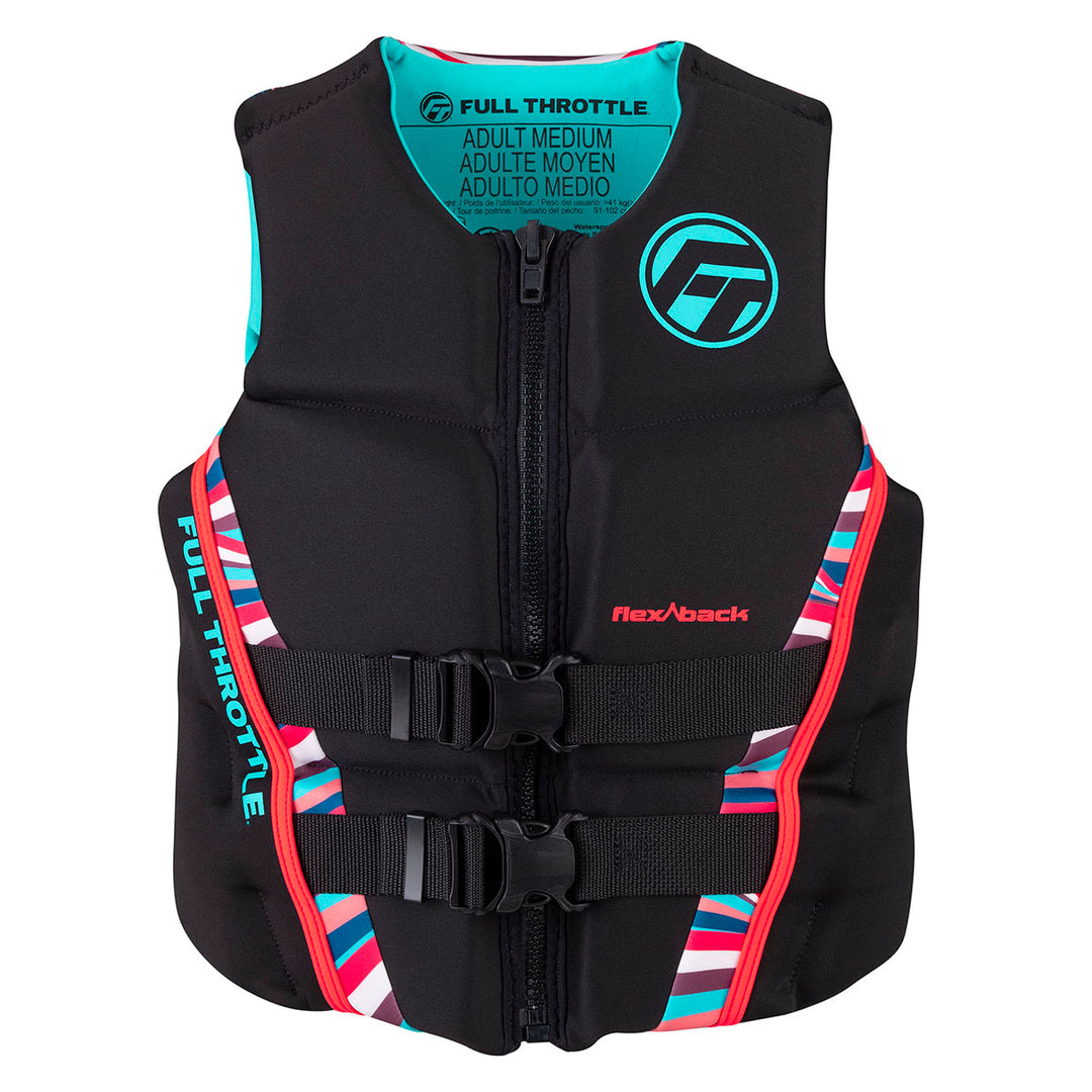 Black life jacket with colorful stripes, Womens Rapid-Dry Flex-Back Life Jacket.