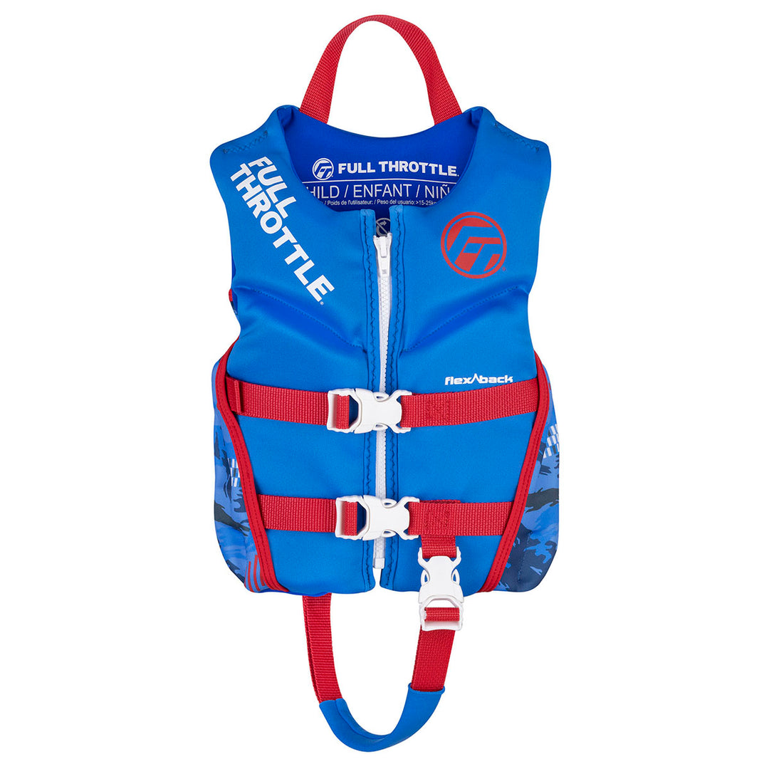 Blue/red Child Rapid-Dry Flex-Back Life Jacket with zippers and buckles.
