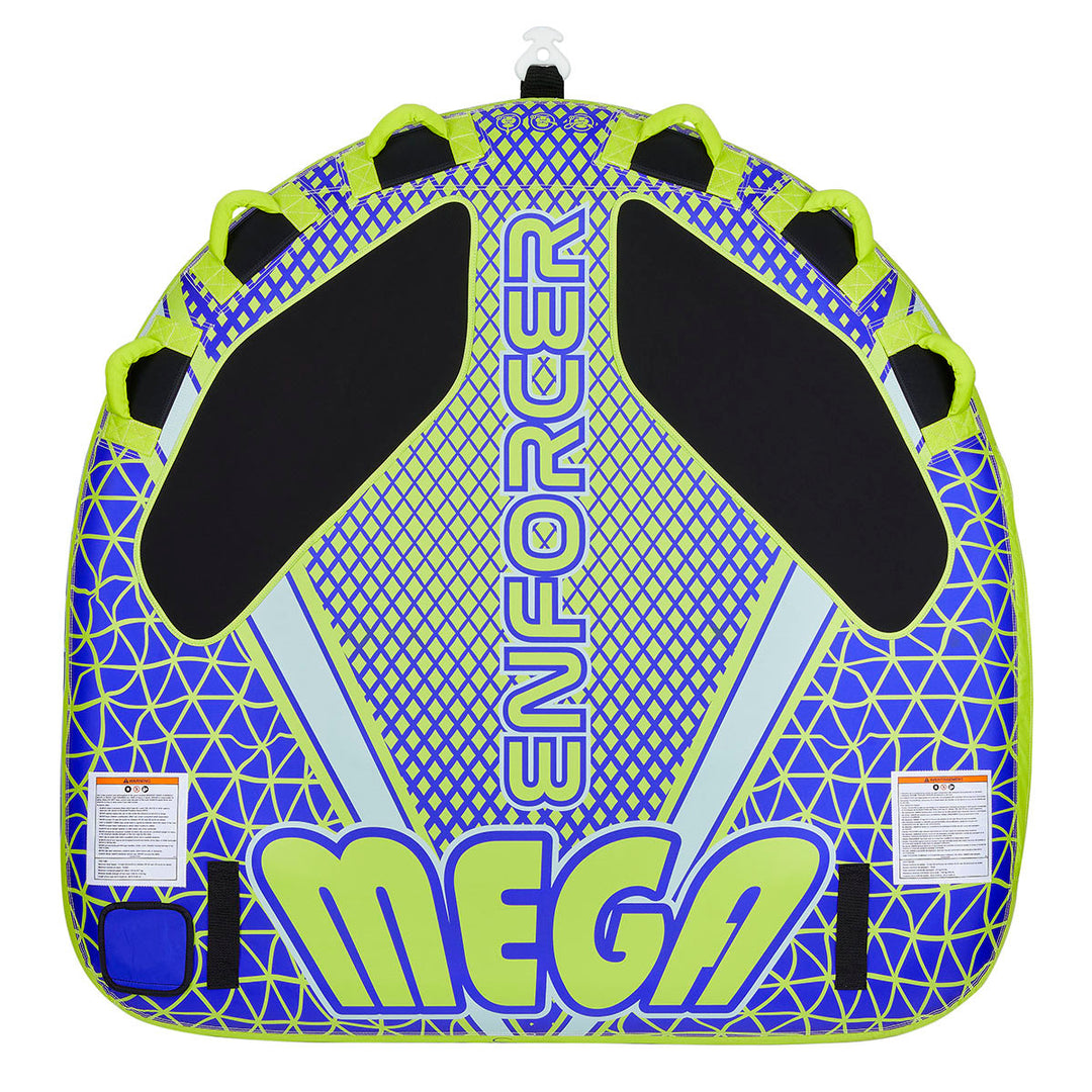 Bright-patterned Mega Enforcer towable tube with comfort handles for 3 riders.