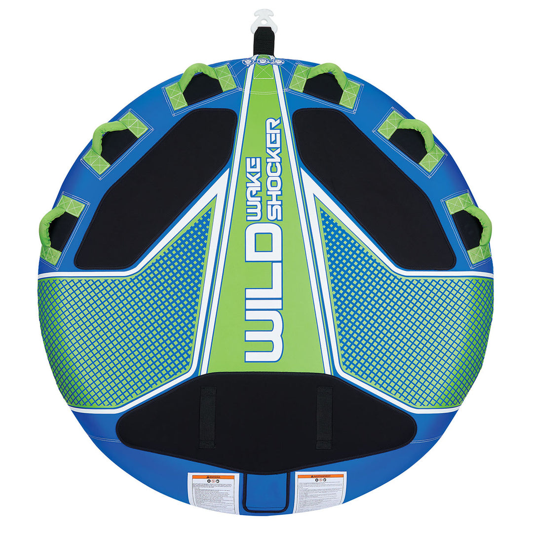 Blue & green comfort-handled Wild Wake Shocker - 3 Rider Towable Tube.