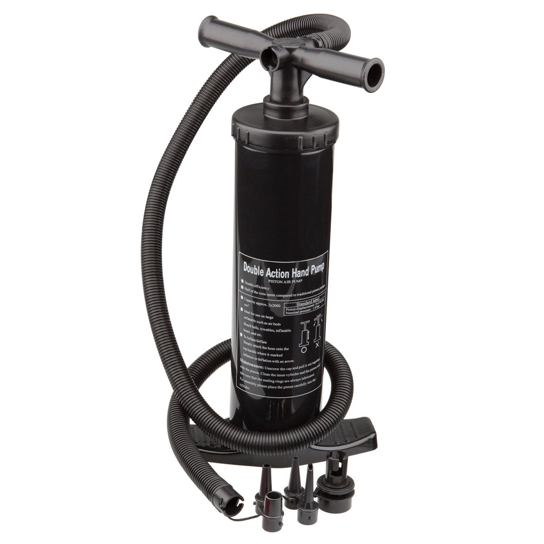 Dual Action Hand Pump: black with adapters, hose, and nozzle attachments.