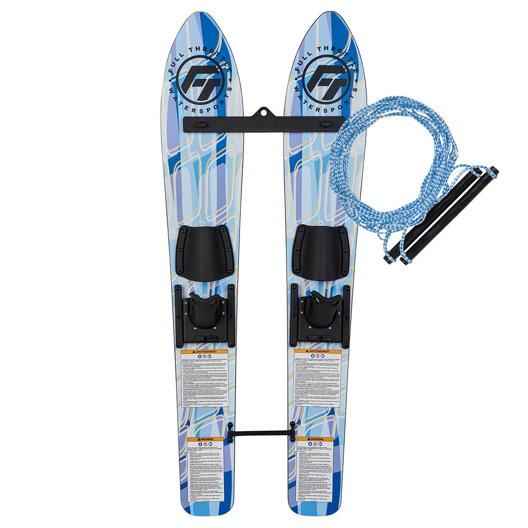 Trainer Waterskis in blue for children, includes bindings and a double handle rope.