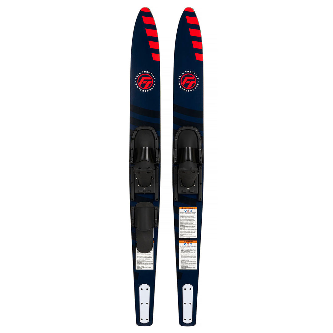 Traditional Combo Waterskis: Blue with red stripes and adjustable black bindings.