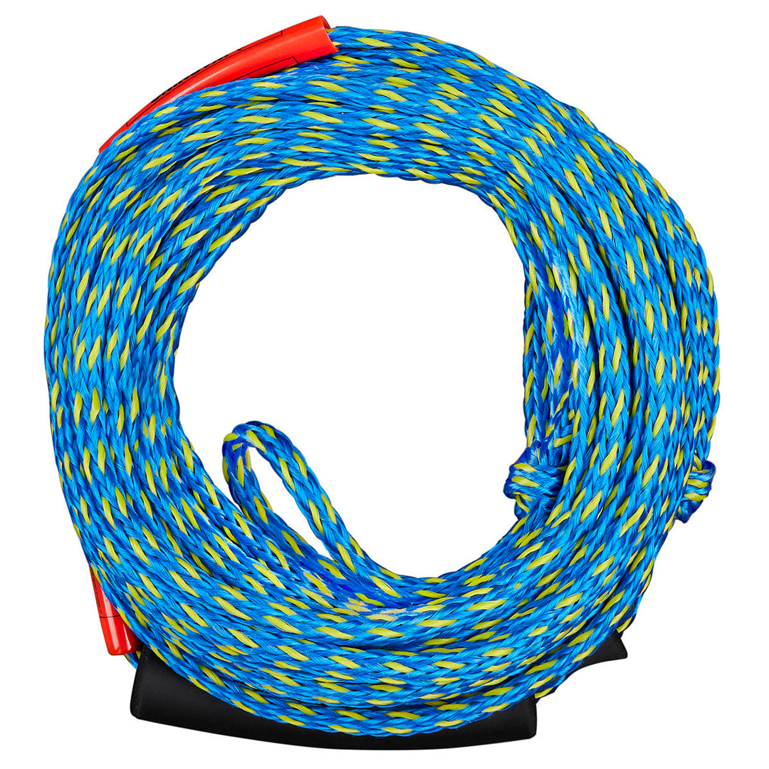Blue, yellow, green 2 Rider Tube Tow Rope with red ends; excellent tensile strength.