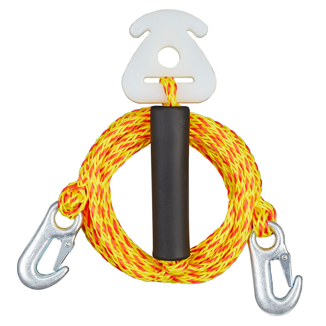 8 ft Ski/Tube Tow Harness - yellow, metal hooks, black handle.