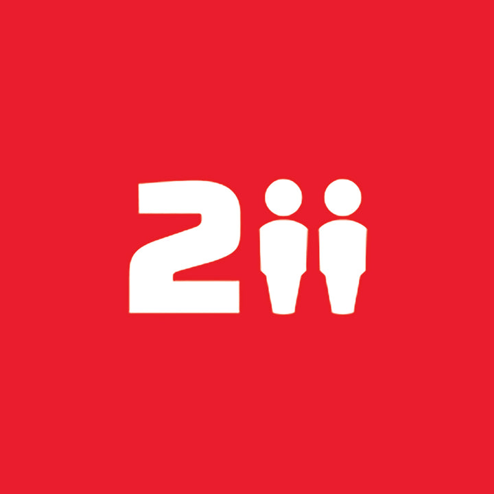 A minimalist white logo featuring the number 2 and two human figures, centered on a solid red background.