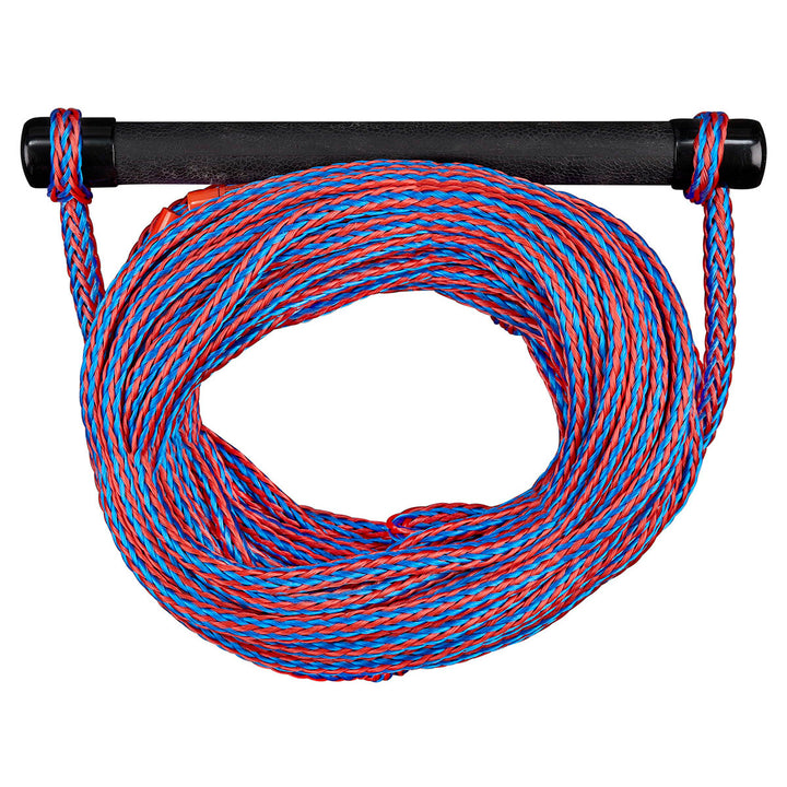 A 1 Section Ski Rope in red/blue with black handle and high tensile strength.