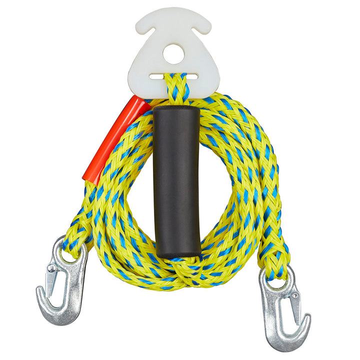 12 ft. yellow/blue Ski Tow Harness with hooks, black handle, and high tensile strength.