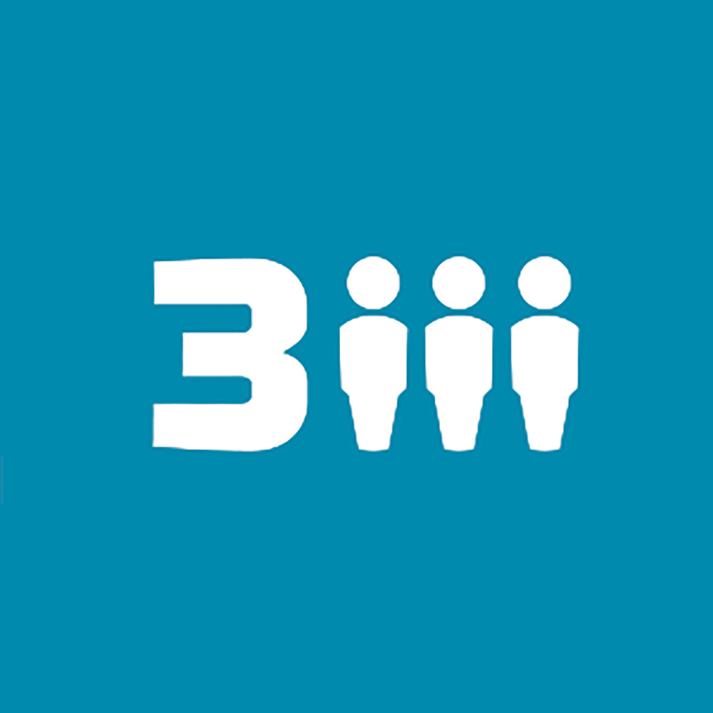 A solid teal blue square background featuring a white stylized number 3 composed of three human figure silhouettes standing together.