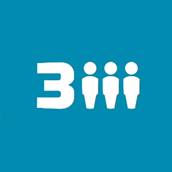 A solid teal blue square background featuring a white stylized number 3 composed of three human figure silhouettes standing together.