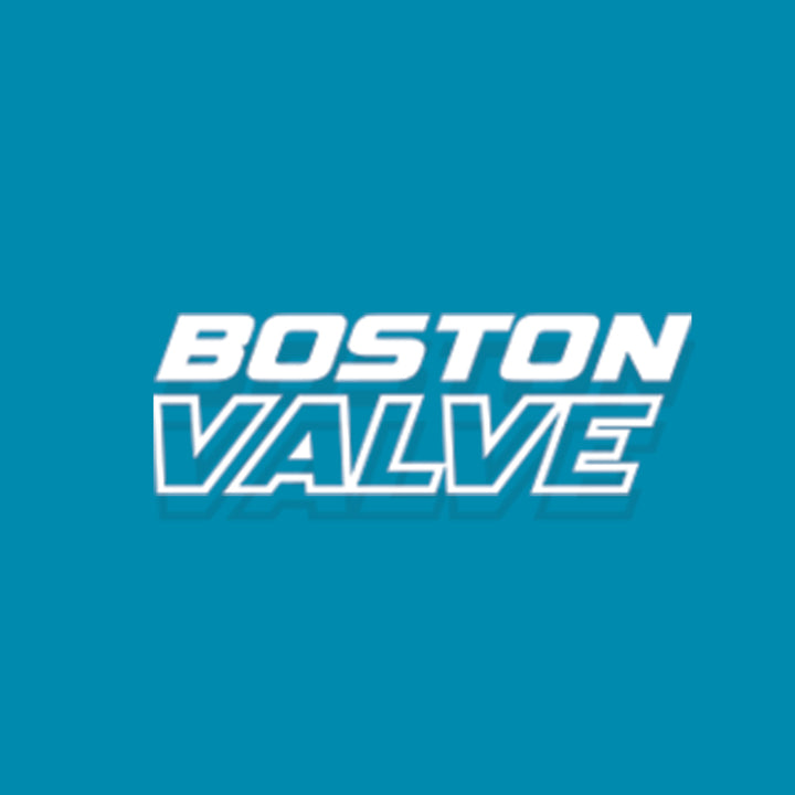 The Boston Valve logo in white with a blue outline, centered on a solid teal-blue background.