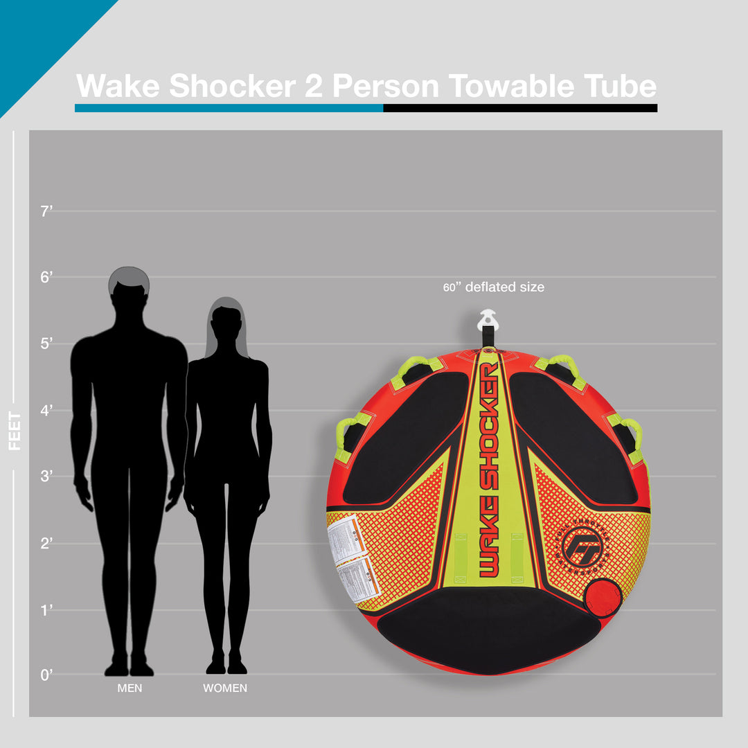 Red Wake Shocker 2 person towable tube size chart, 60" deflated, shown next to human silhouettes.