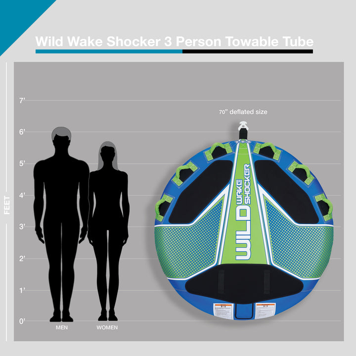 Blue and green Wild Wake Shocker 3 person towable tube size chart, 70" deflated, with human silhouettes.