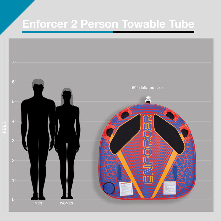 Blue and orange Enforcer 2 person towable tube size chart, 60" deflated, next to human silhouettes.